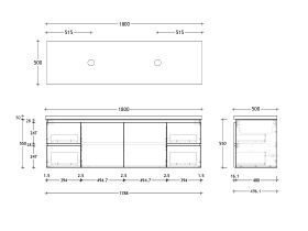 Technical Drawing - Posh Domaine 1800mm Wall Hung Vanity Unit Conventional Double Bowl 50mm Top