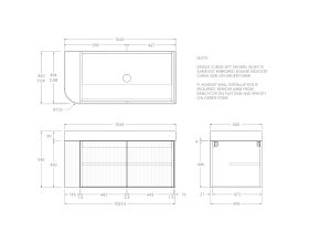 Technical Drawing - Kado Neue Fluted Single Curve All Door 1050mm Wall Hung Vanity with Centre Basin Durasein 90mm Top