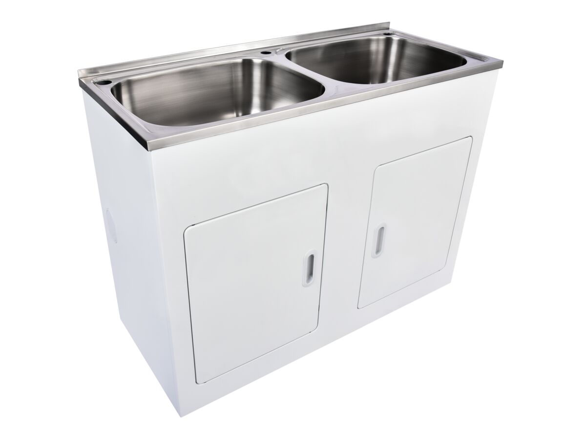 Hero - Posh Bristol Double Laundry Trough & Cabinet 45L + 45L with 1 Taphole and Bypass Stainless Steel