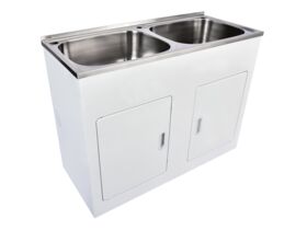 Hero - Posh Bristol Double Laundry Trough & Cabinet 45L + 45L with 1 Taphole and Bypass Stainless Steel
