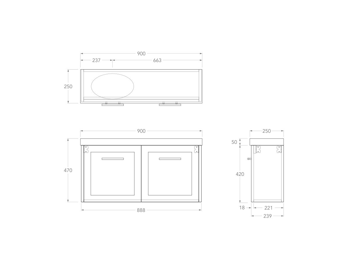 Technical Drawing - Kado Lux Petite Vanity Unit Wall Hung 900mm Left Bowl 50mm Top (Basin Included)