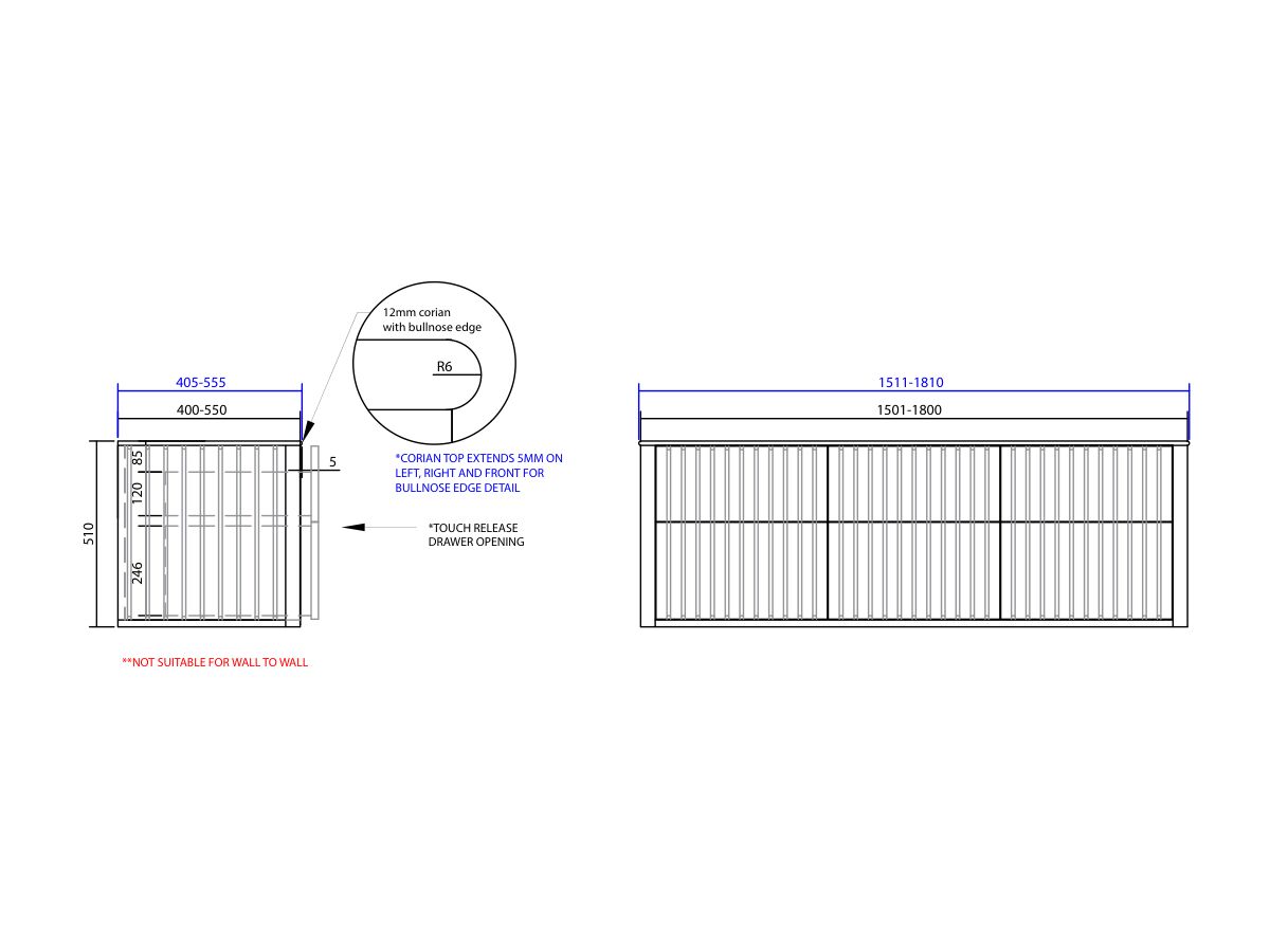 ISSY Custom Cloud II 1501-1800mm x 400-550mm x 510mm Wall Hung Vanity Unit 6 Touch Latch Drawers (No Basin)