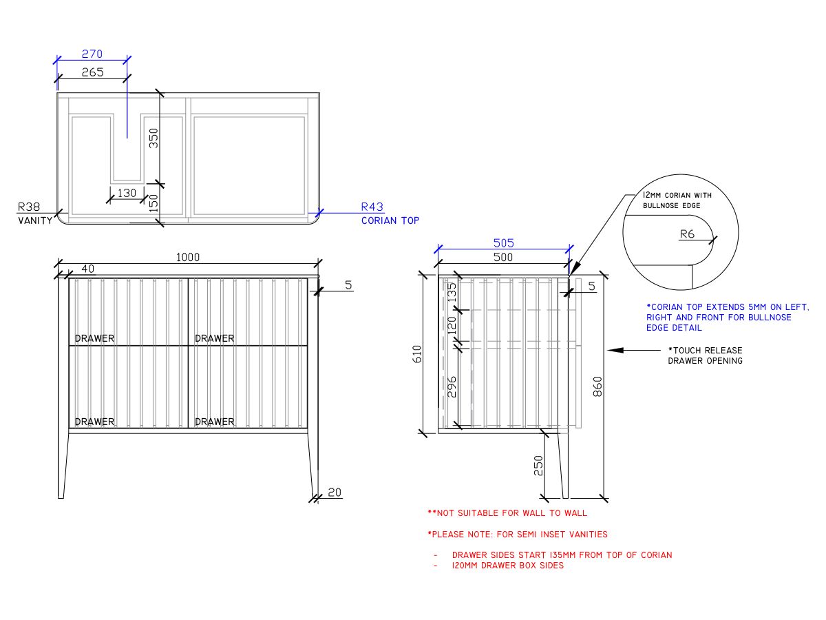 ISSY Cloud II 1000mm x 500mm x 860mm Vanity Unit with Legs 4 Touch Latch Drawers Semi Inset (No Basin)