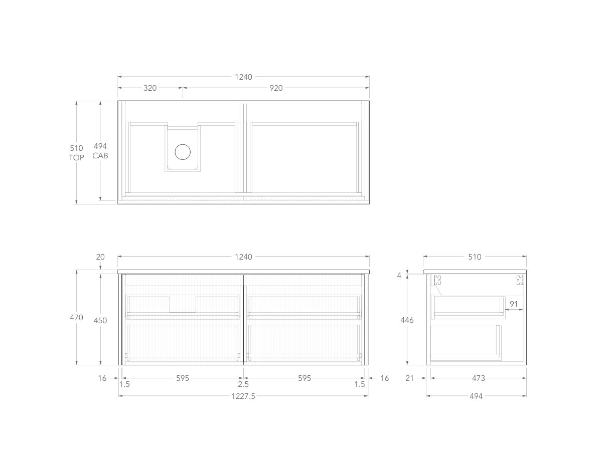 Technical Drawing - Kado Neue Fluted Square All Drawer 1200mm Wall Hung Vanity with Left Hand Basin 20mm Top