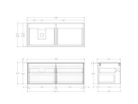 Technical Drawing - Kado Neue Fluted Square All Drawer 1200mm Wall Hung Vanity with Left Hand Basin 20mm Top