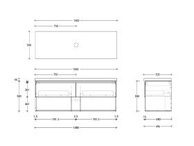 Technical Drawing - Posh Domaine 1500mm Wall Hung Vanity Unit All-Drawer Open Shelf Single Bowl 50mm Top