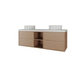 Supporting Image - Kado Aspect Shelf Vanity Unit 1500mm Double Bowl 4 Drawer Caesarstone Mineral 50mm Top - Boston Oak