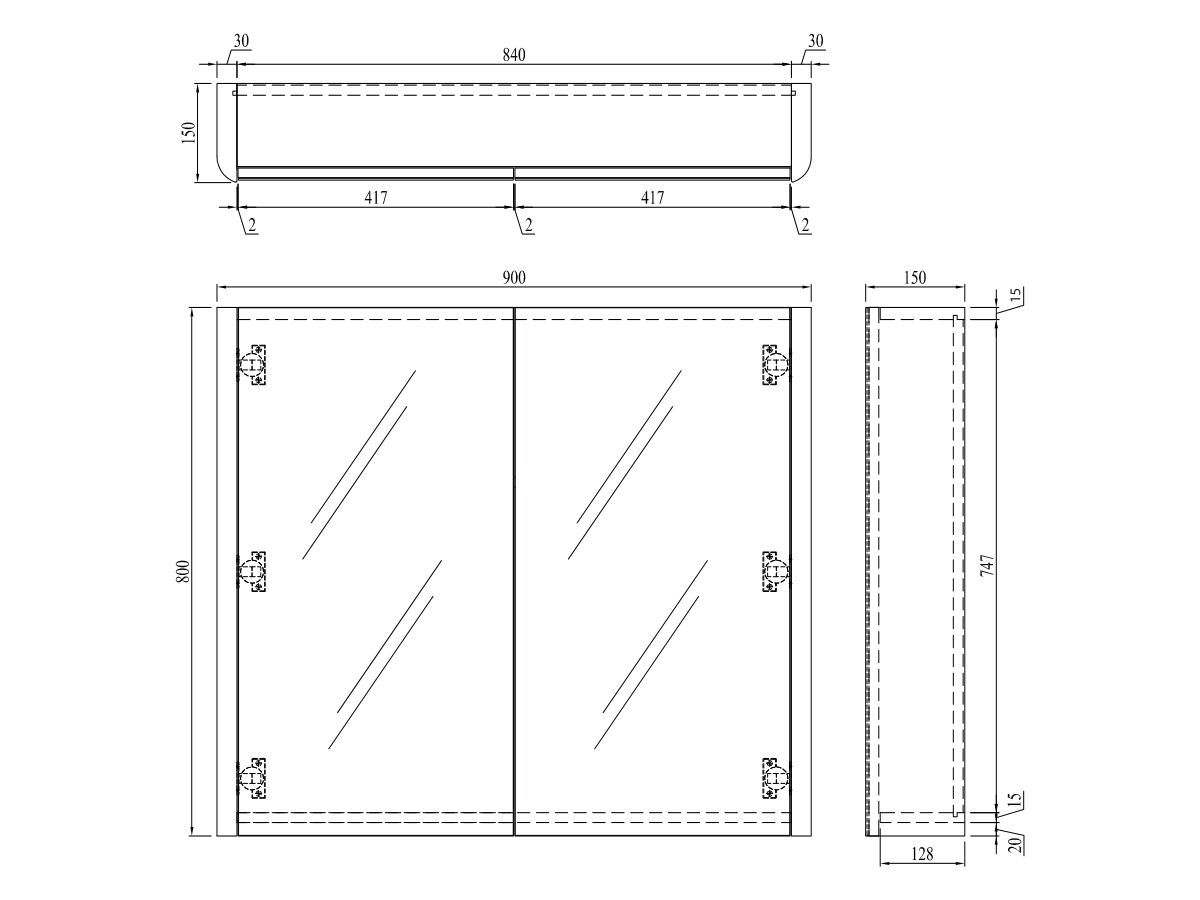 Posh Solus Mirror Cabinet 2 door 900mm White