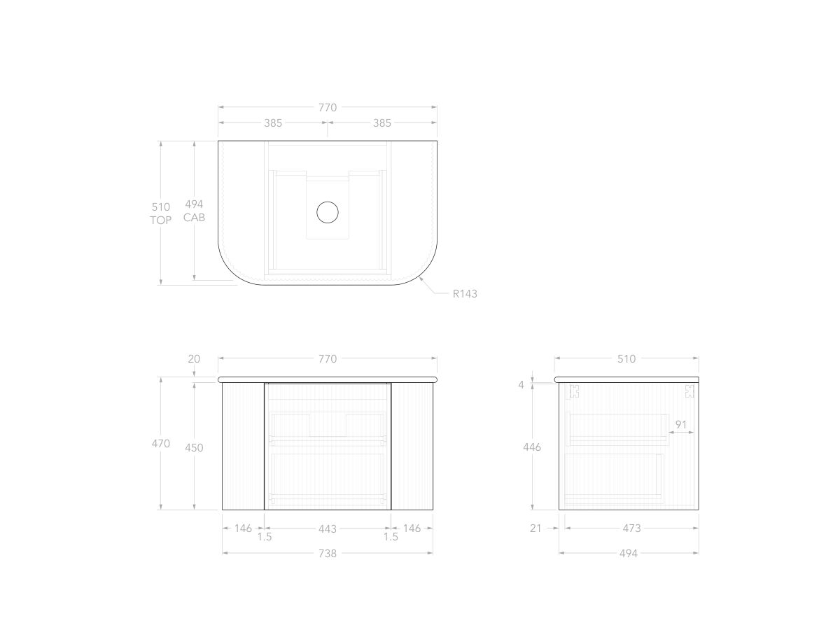 Technical Drawing - Kado Neue Fluted Double Curve All Drawer 750 Wall Hung Vanity with Centre Basin 20mm