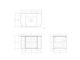 Technical Drawing - Kado Neue Fluted Double Curve All Drawer 750 Wall Hung Vanity with Centre Basin 20mm