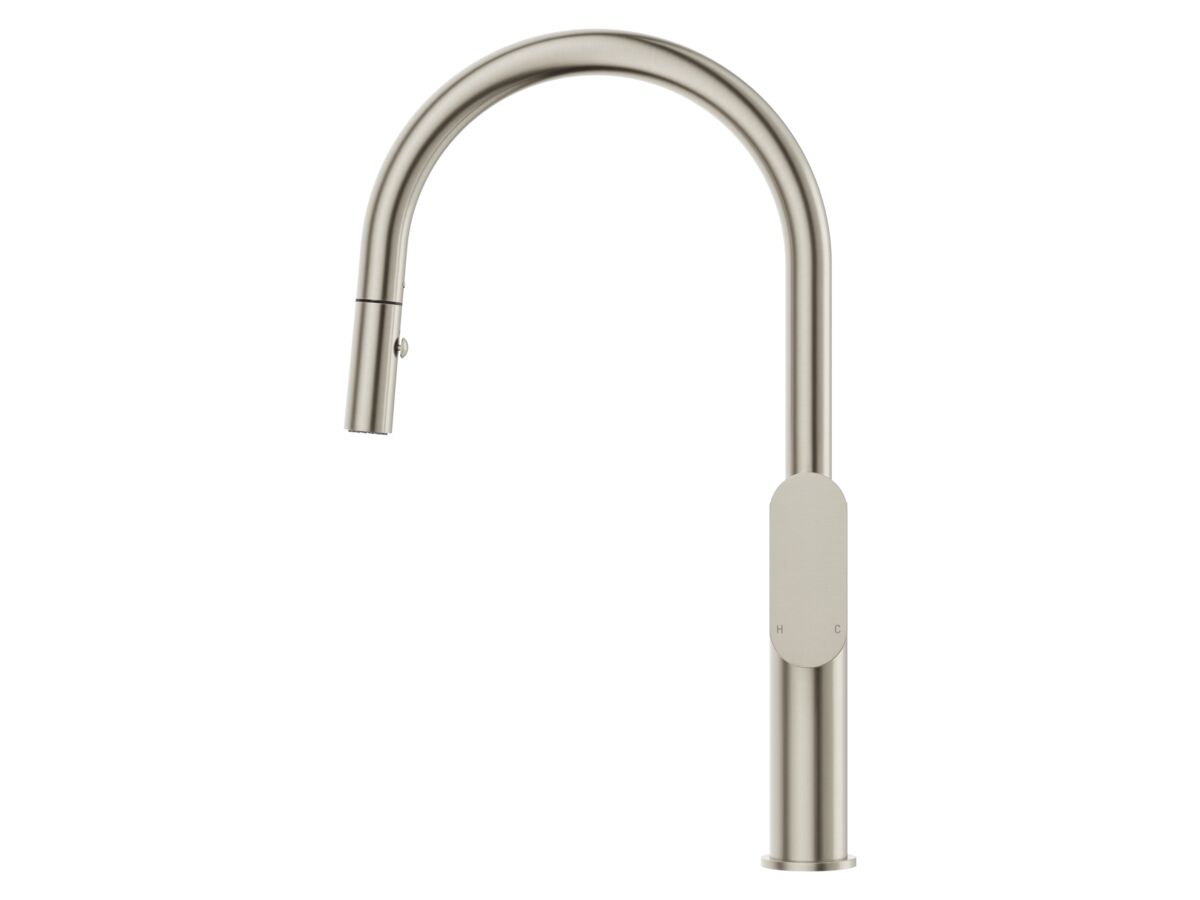 Supporting Image - Mizu Soothe MK2 Gooseneck Pull Out Sink Mixer Curved Brushed Nickel (5 Star) Lead Free - Side