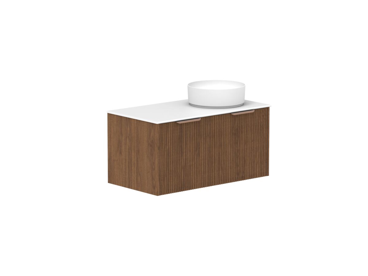 Hero - Kado Neue Fluted Square 900mm Wall Hung Vanity with Right Basin Durasein 12mm Top Florentine Walnut
