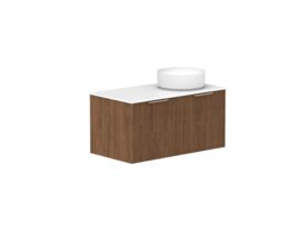 Hero - Kado Neue Fluted Square 900mm Wall Hung Vanity with Right Basin Durasein 12mm Top Florentine Walnut
