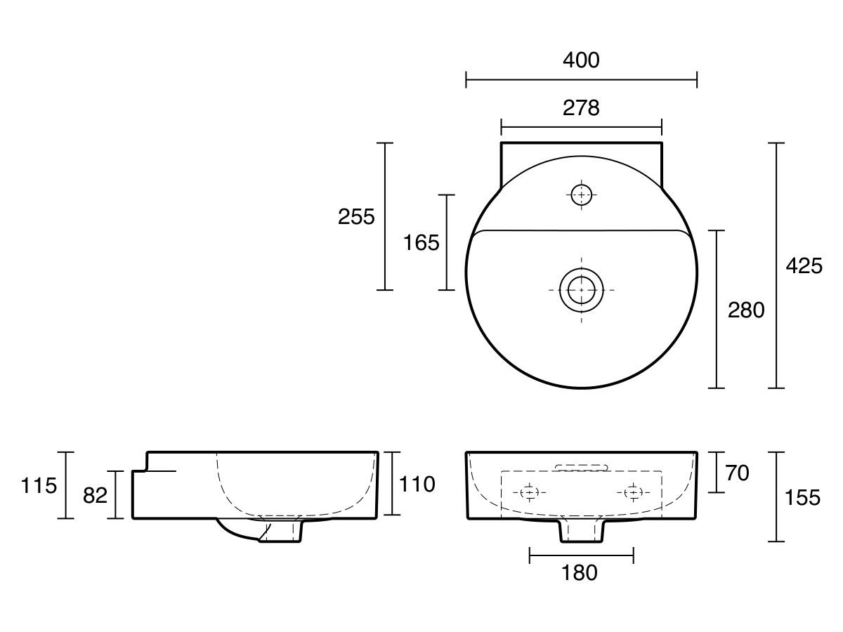 Technical Drawing - LAUFEN Val Counter/Wall Basin 400mm x 425mm 1 Taphole with Overflow