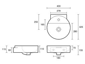 Technical Drawing - LAUFEN Val Counter/Wall Basin 400mm x 425mm 1 Taphole with Overflow