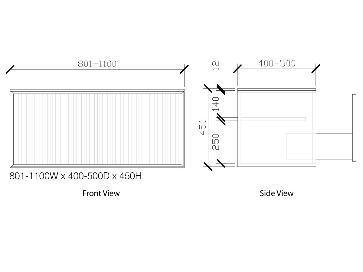 ISSY Halo III Vanity Unit with Two Touch Latch Drawers and Internal Shelf 801-1100widex400-500deepx450high