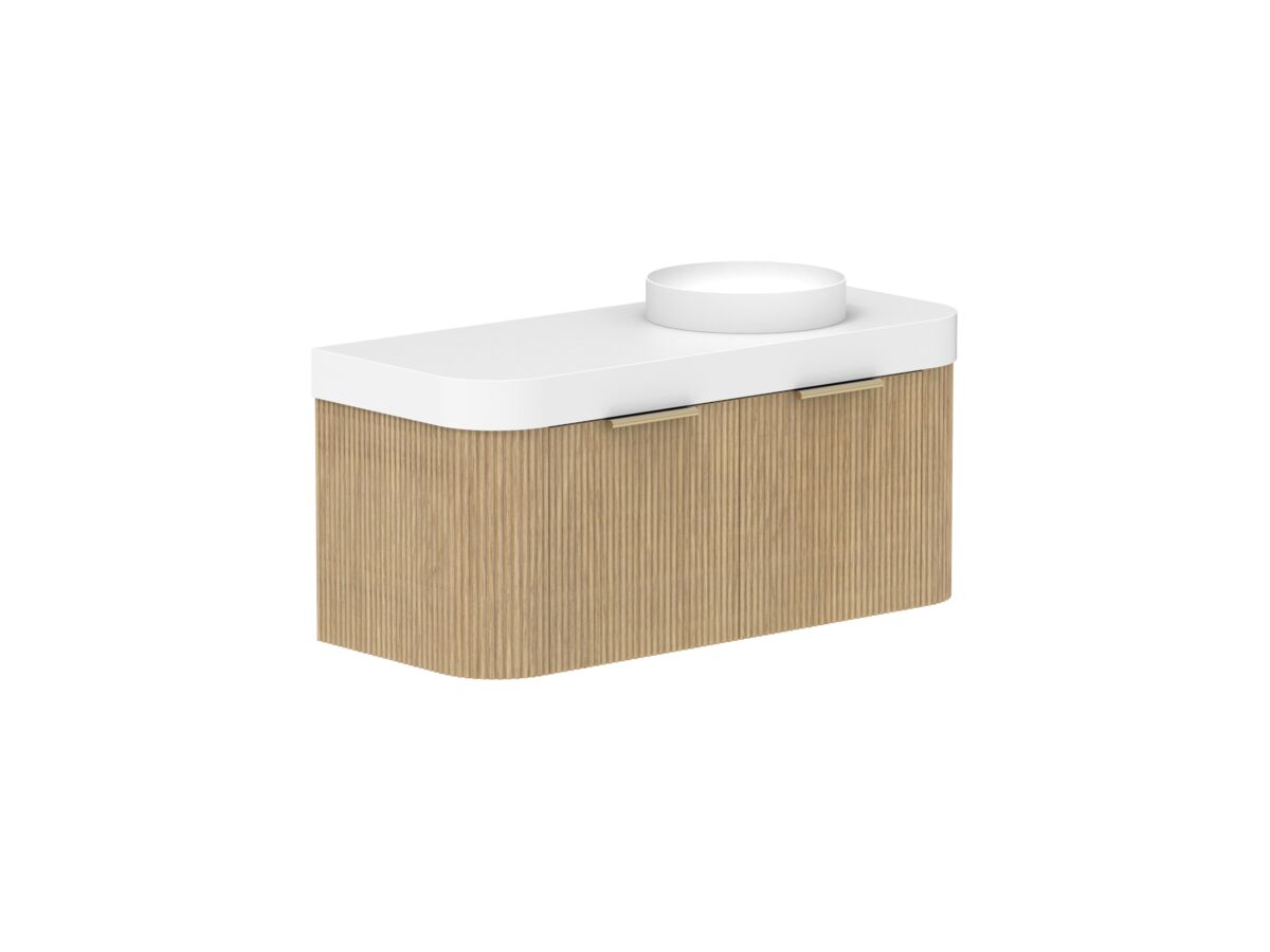 Supporting Image 2- Kado Neue Fluted Double Curve All Drawer 1200mm Wall Hung Vanity with Right Hand Basin Durasein 90mm Top Boston Oak