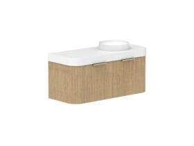 Supporting Image 2- Kado Neue Fluted Double Curve All Drawer 1200mm Wall Hung Vanity with Right Hand Basin Durasein 90mm Top Boston Oak