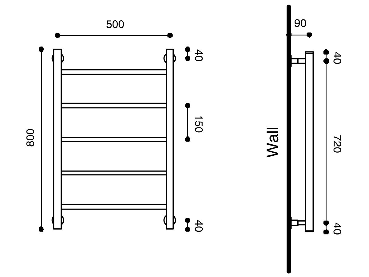 Technical Drawing - Hydrotherm Pure Heated Towel Rail 500mm x 800mm