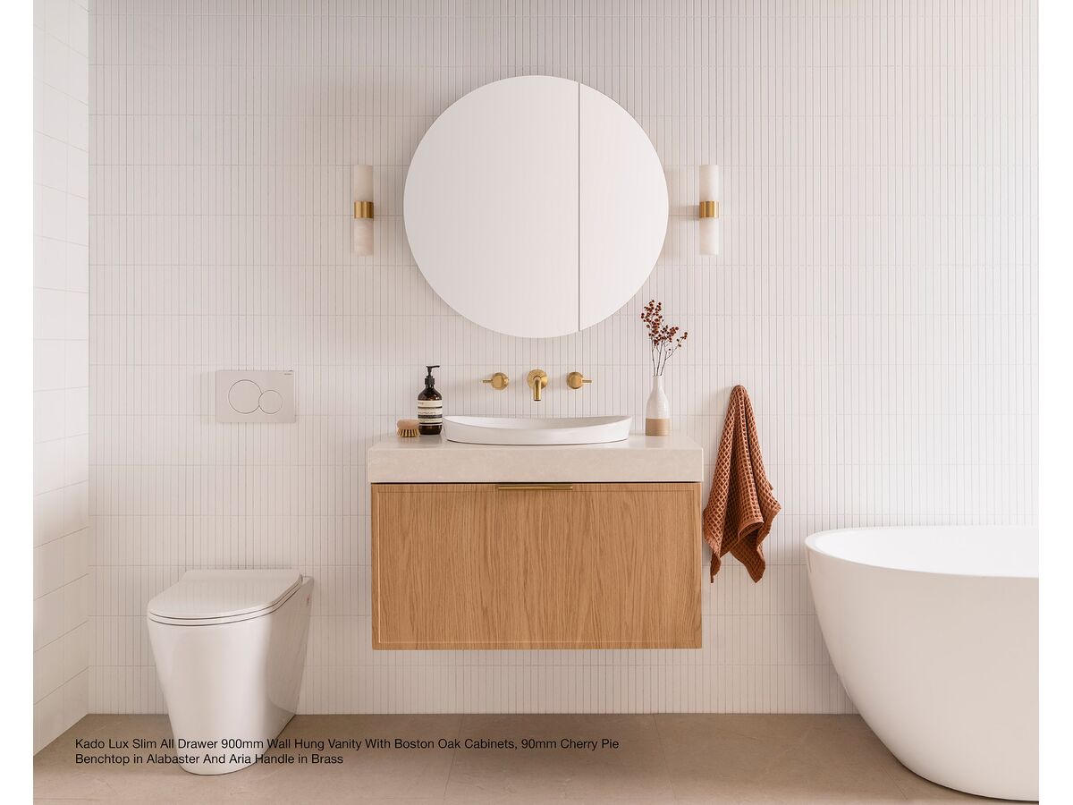 Kado Lux Slim All Drawer 900mm Wall Hung vanity with Boston Oak cabinets, 90mm Cherry Pie benchtop in Alabaster and Aria handle in Brass