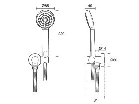 Technical Drawing - Base MK2 Handshower with Water Inlet Wall Bracket Chrome (3 Star)