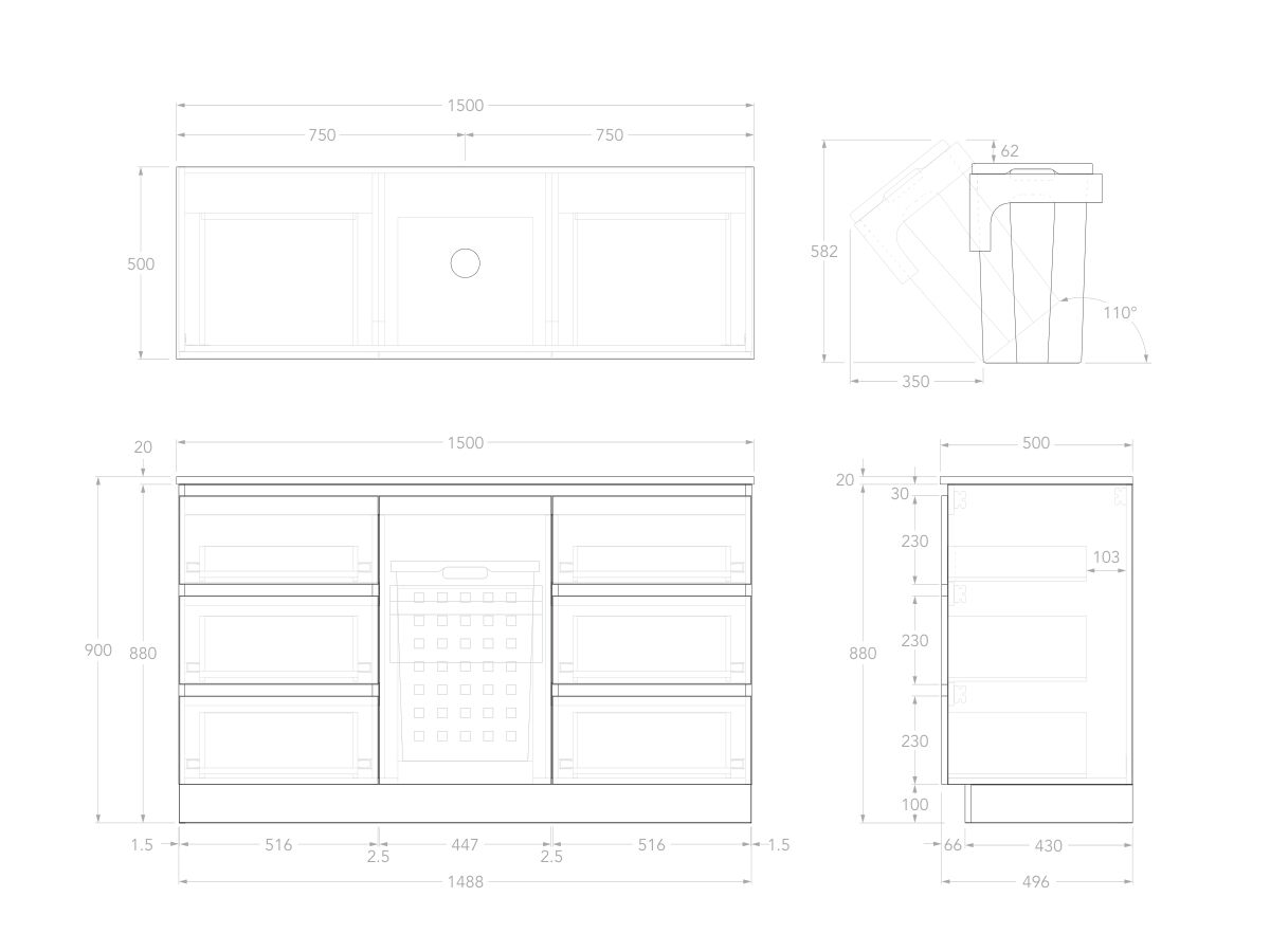 Technical Image - Posh Domaine Plus Hamper 1500 Floor Mounted Centre Bowl 20mm Top