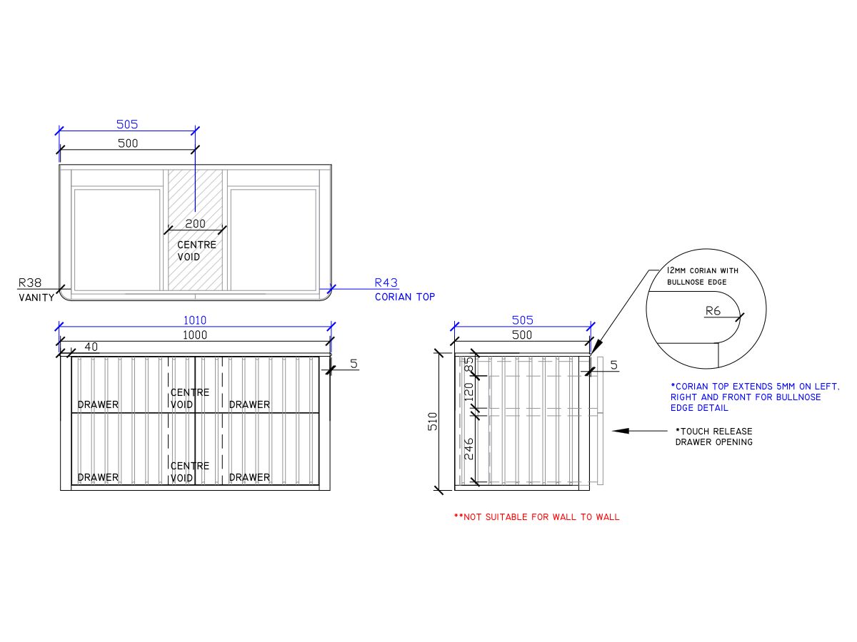 ISSY Cloud II 1000mm x 500mm x 510mm Wall Hung Vanity Unit 4 Touch Latch Drawers (No Basin)
