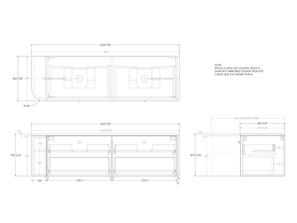Technical Drawing - Kado Era Single Curve All Drawer 1650mm Wall Hung Vanity with Double Basin 20mm Top