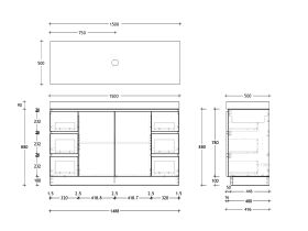 Technical Drawing - Posh Domaine 1500mm Floor Mount Vanity Unit Conventional Single Bowl 90mm Top