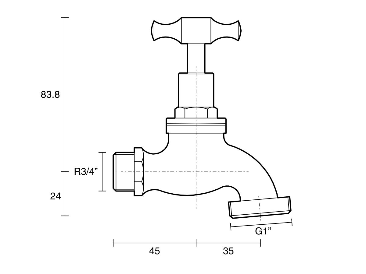 Technical Drawing - Dura Bib Hose Male T-Head Chrome (O-Ring) 20mm Lead Free