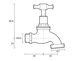Technical Drawing - Dura Bib Hose Male T-Head Chrome (O-Ring) 20mm Lead Free