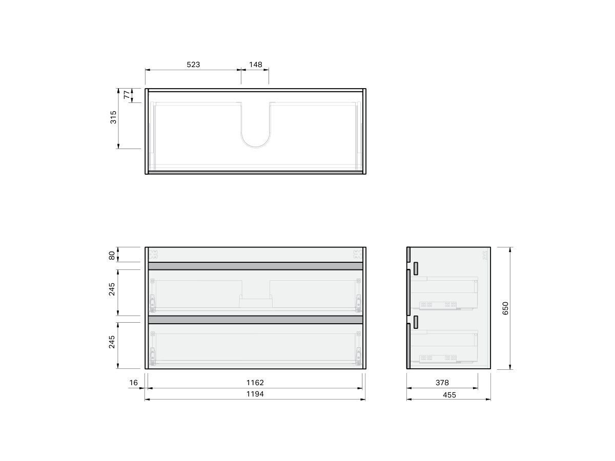 Technical Drawing - Posh Domaine Twin 1200 2 Drawer Wall Hung Vanity Mineral Cast