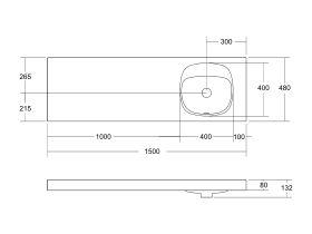 Kado Lussi 1500mm Single Right Hand Bowl Rear Shelf Wall Basin with Overflow No Taphole Matte White Solid Surface