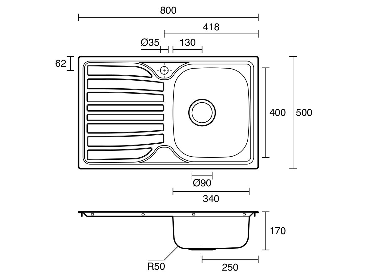 Technical Drawing - Posh Bristol Single Bowl Sink 1 Taphole Right Hand Bowl with Drainer Stainless Steel