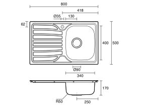 Technical Drawing - Posh Bristol Single Bowl Sink 1 Taphole Right Hand Bowl with Drainer Stainless Steel