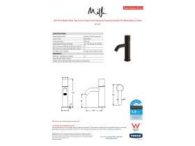 Specification Sheet - Milli Pure Basin Mixer Tap Curved Spout with Diamond Textured Handle PVD Matte Black (5 Star)