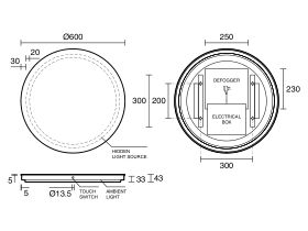 Technical Drawing - Kado Aspect Round Veil LED Mirror 600mm