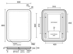 Technical Drawing - Kado Aspect Rectangle Veil LED Mirror 800mm X 600mm