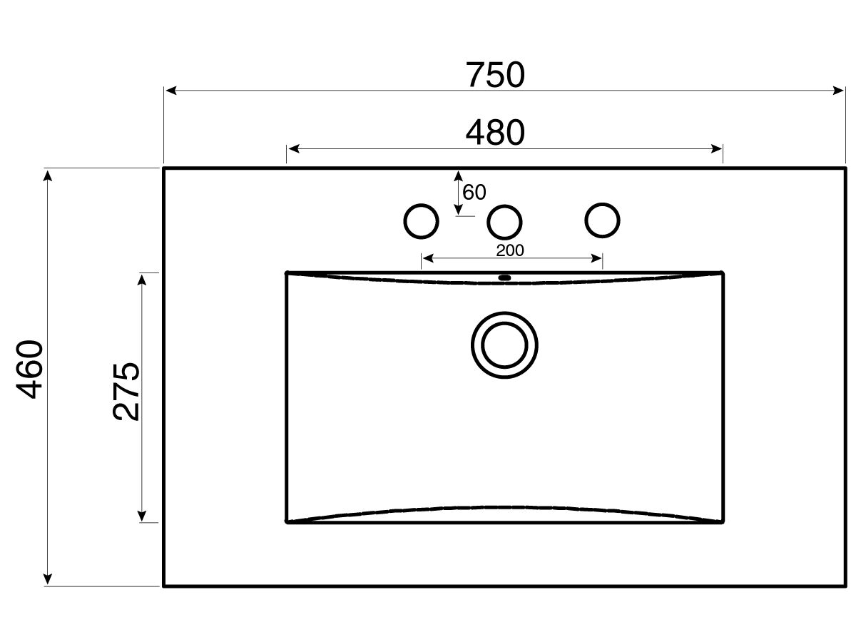 Dominique MK2 Vanity Top Only 3 Tap Hole 750mm