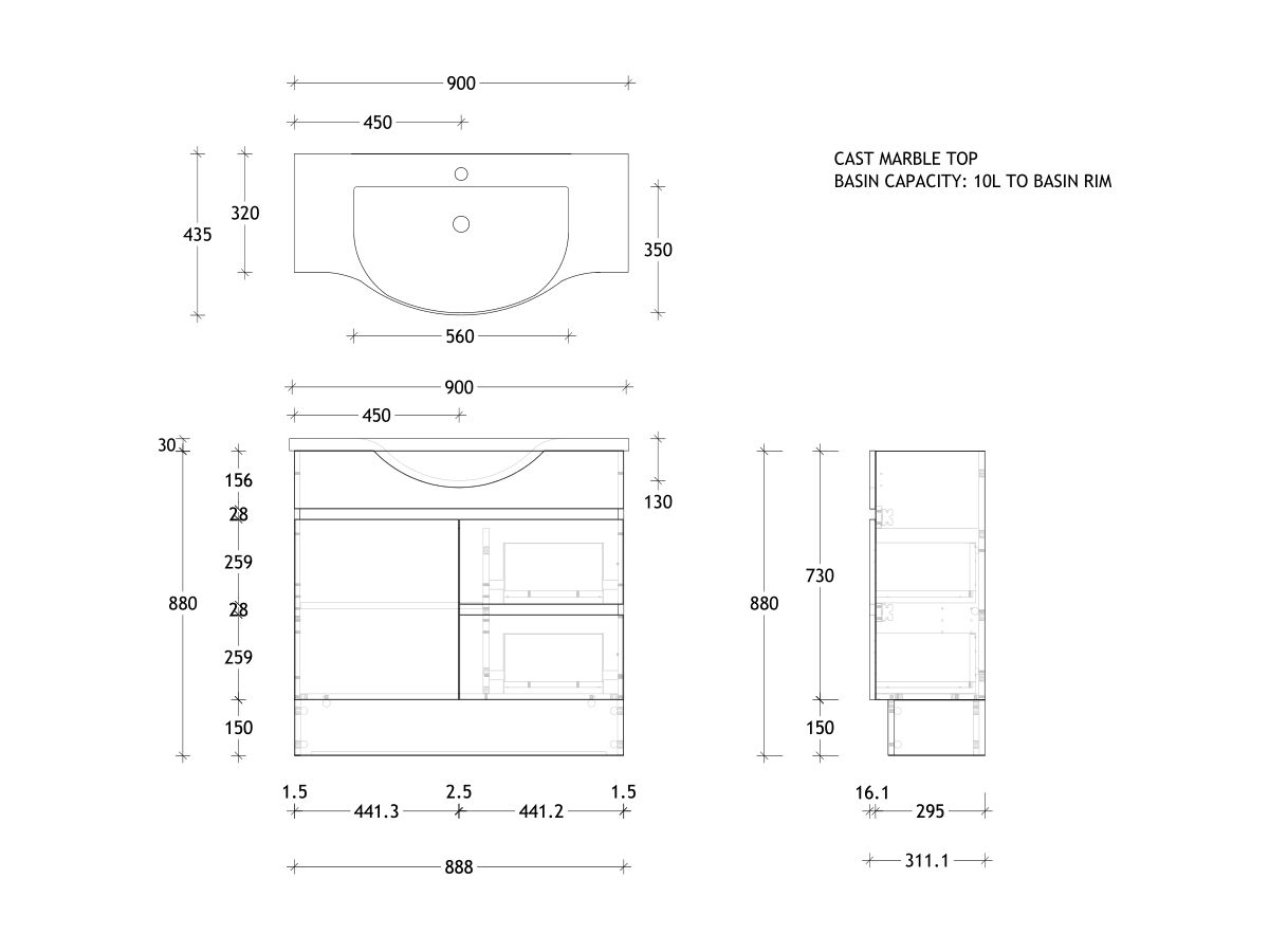 Posh Domaine Semi-Recessed 900 Centre Floor Mount Cast Marble