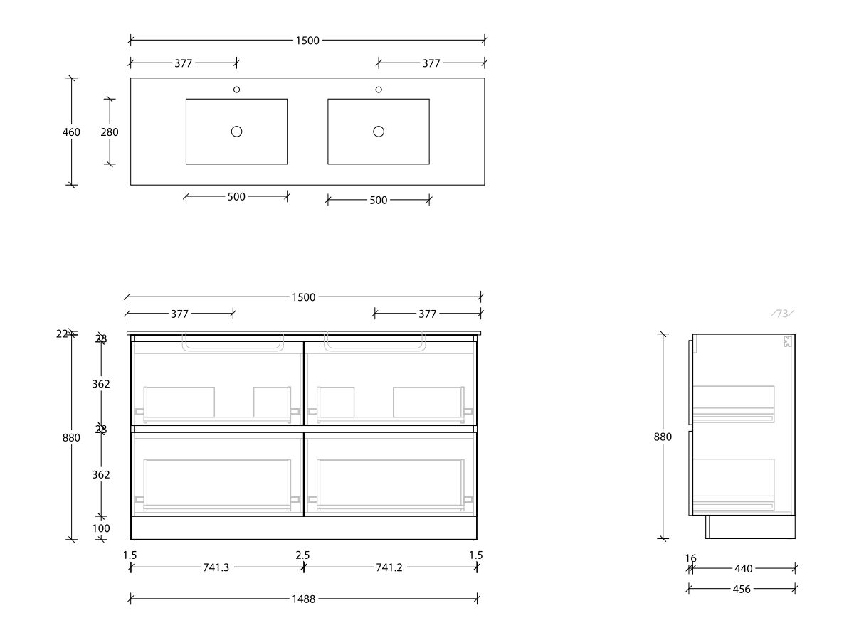 Posh Domaine & Domaine Plus All-Drawer Twin 1500mm Floor Mounted Vanity Unit Double Bowl Cast Marble Top