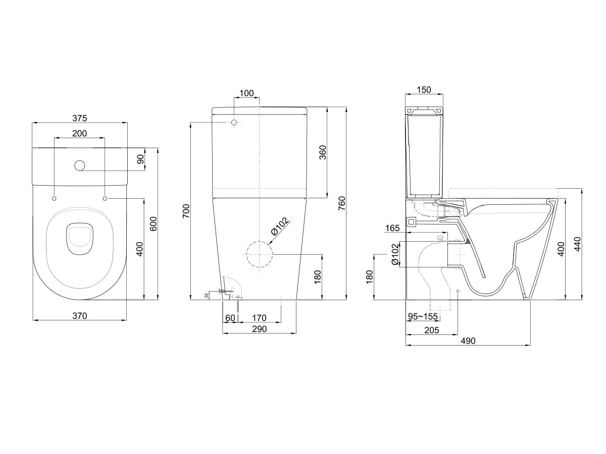 Technical Drawing - Roca Inspira MK2 Rimless Close Coupled Back to Wall Back Inlet Toilet Suite with Soft Close Quick Release Toilet Seat White (4 Star)