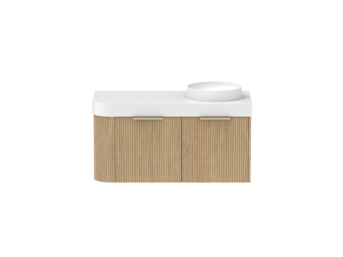 Supporting Image - Kado Neue Fluted Single Curve All Drawer 1050mm Wall Hung Vanity with Right Hand Basin Durasein 90mm Top Boston Oak