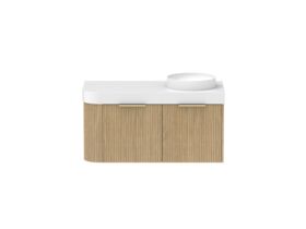 Supporting Image - Kado Neue Fluted Single Curve All Drawer 1050mm Wall Hung Vanity with Right Hand Basin Durasein 90mm Top Boston Oak