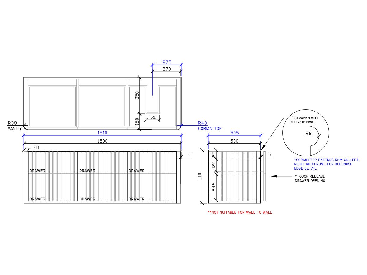 ISSY Cloud II 1500mm x 500mm x 510mm Wall Hung Vanity Unit 6 Touch Latch Drawers (No Basin)