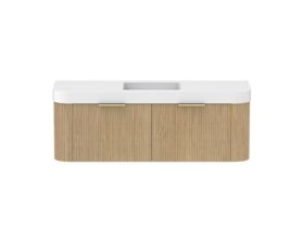 Supporting Image - Kado Neue Fluted Double Curve All Drawer 1500mm Wall Hung Vanity with Centre Basin Durasein 90mm Top Boston Oak