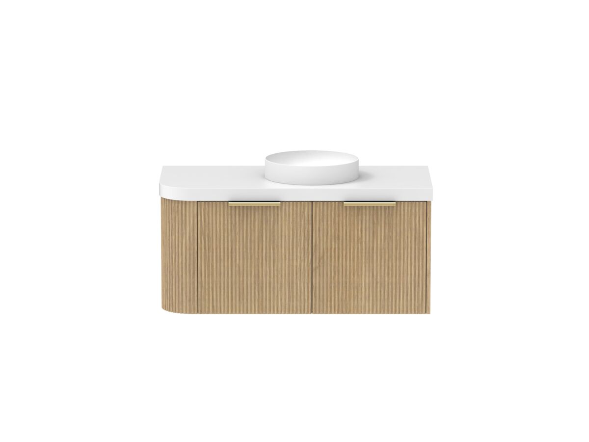 Supporting Image - Kado Neue Fluted Single Curve All Drawer 1050mm Wall Hung Vanity with Centre Basin Durasein 50mm Top Boston Oak