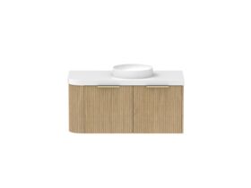 Supporting Image - Kado Neue Fluted Single Curve All Drawer 1050mm Wall Hung Vanity with Centre Basin Durasein 50mm Top Boston Oak