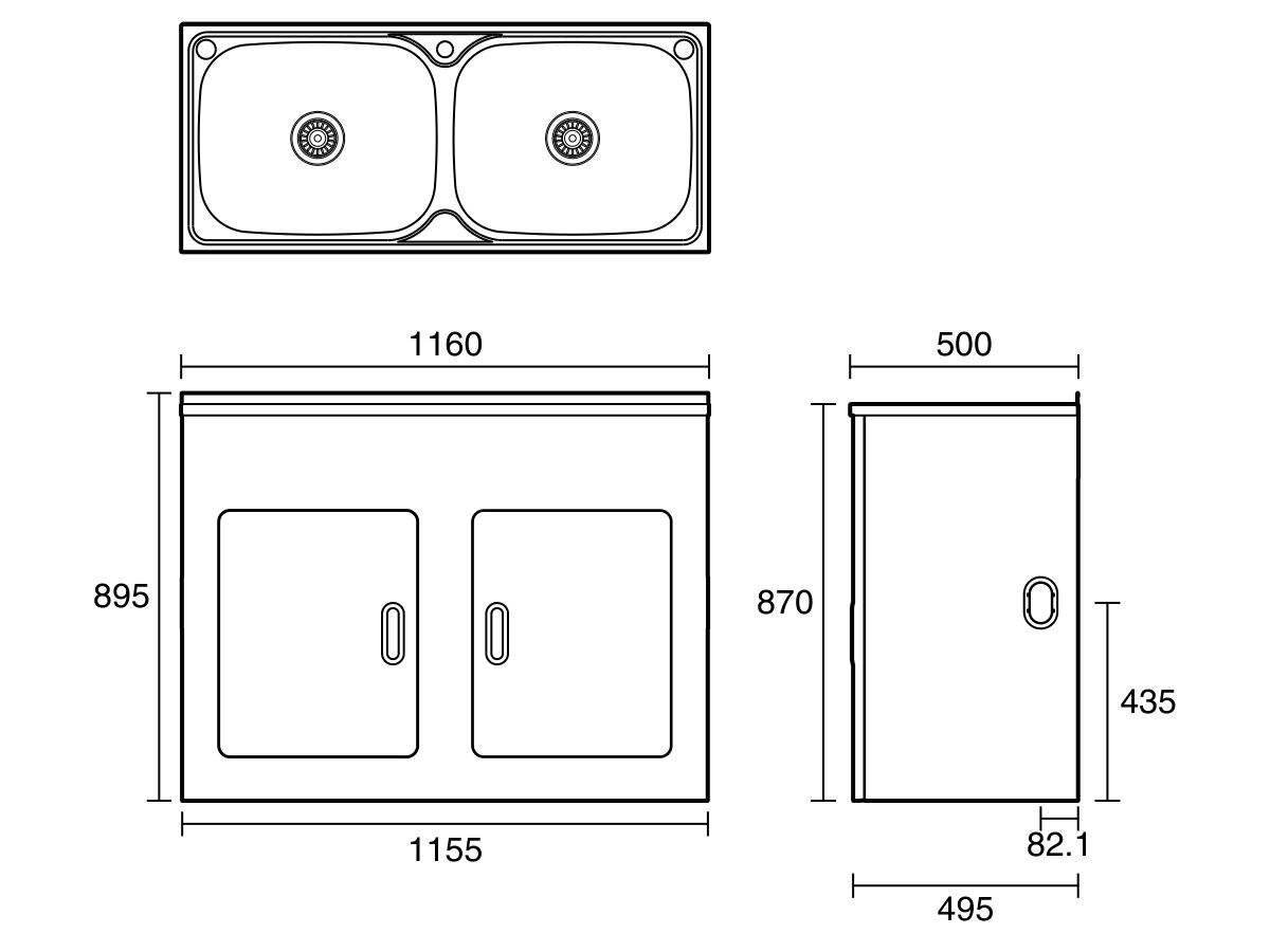 Technical Drawing  - Posh Bristol Double Laundry Trough & Cabinet 45L + 45L with 1 Taphole and Bypass Stainless Steel
