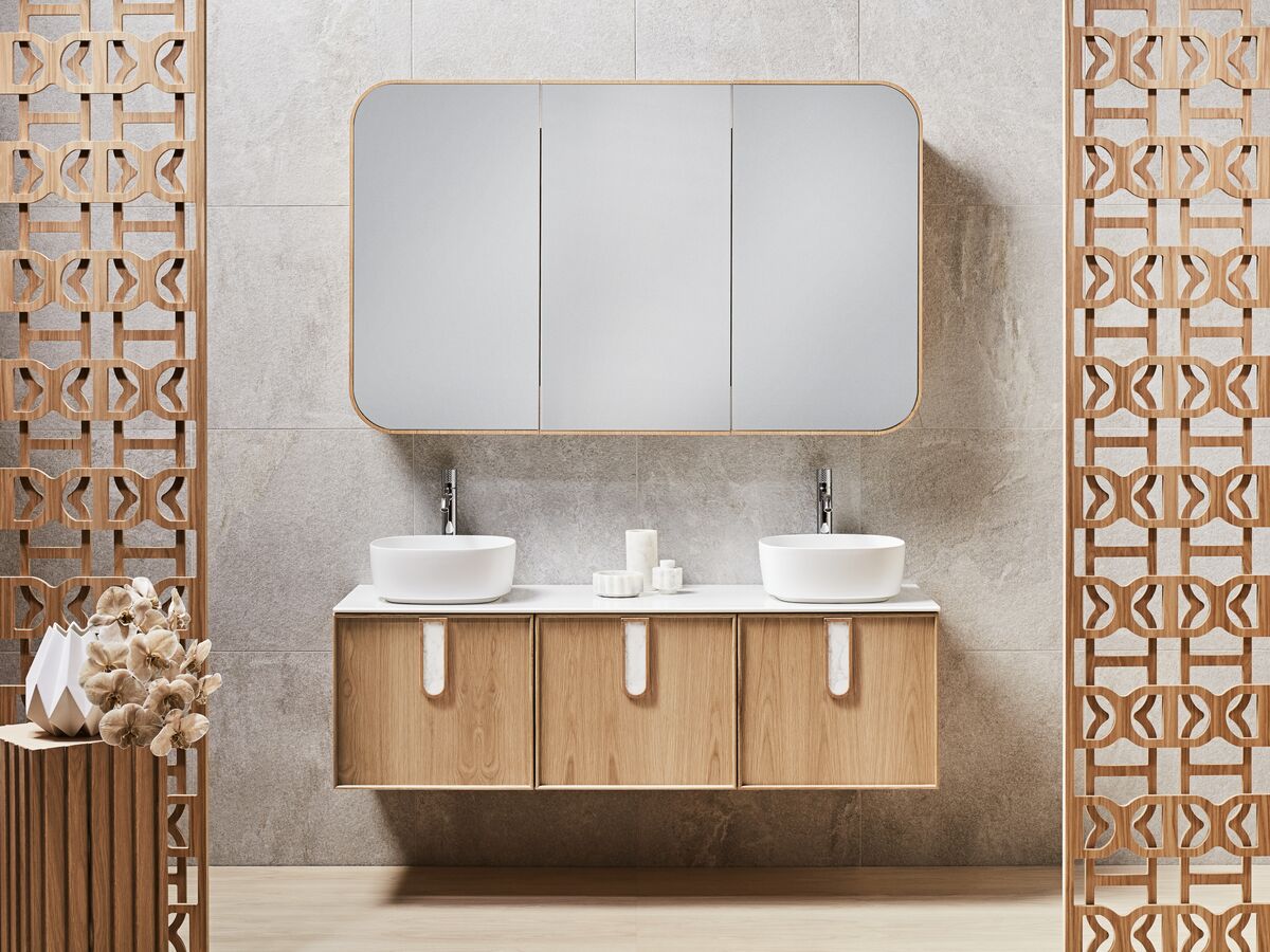 Adorn 2 vanity with Carrara Tulip handle and Cloud shaving cabinet landscape - American Oak